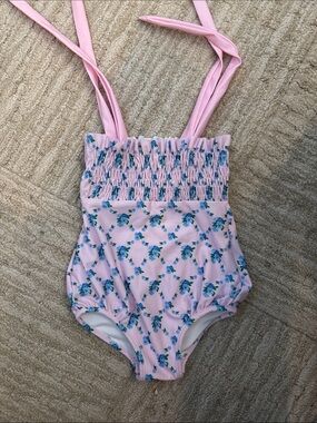 Dondolo Pink Floral Smocked One-Piece Swimsuit with Adjustable Ties 6M
